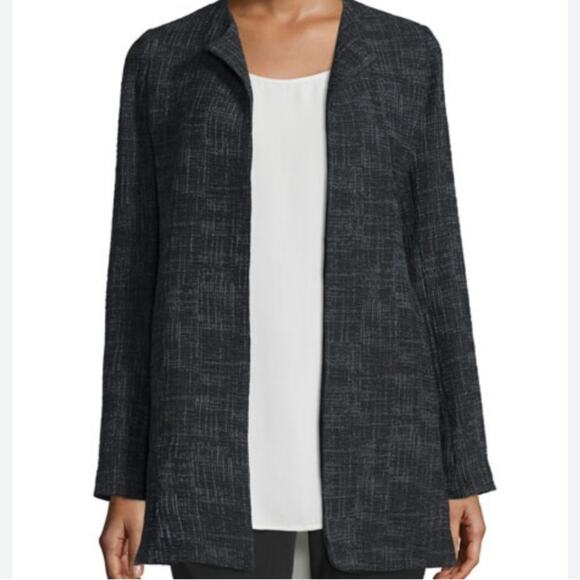 Eileen Fisher Black Crosshatch Open Front Cardigan Jacket Women’s Size Medium - Picture 1 of 6